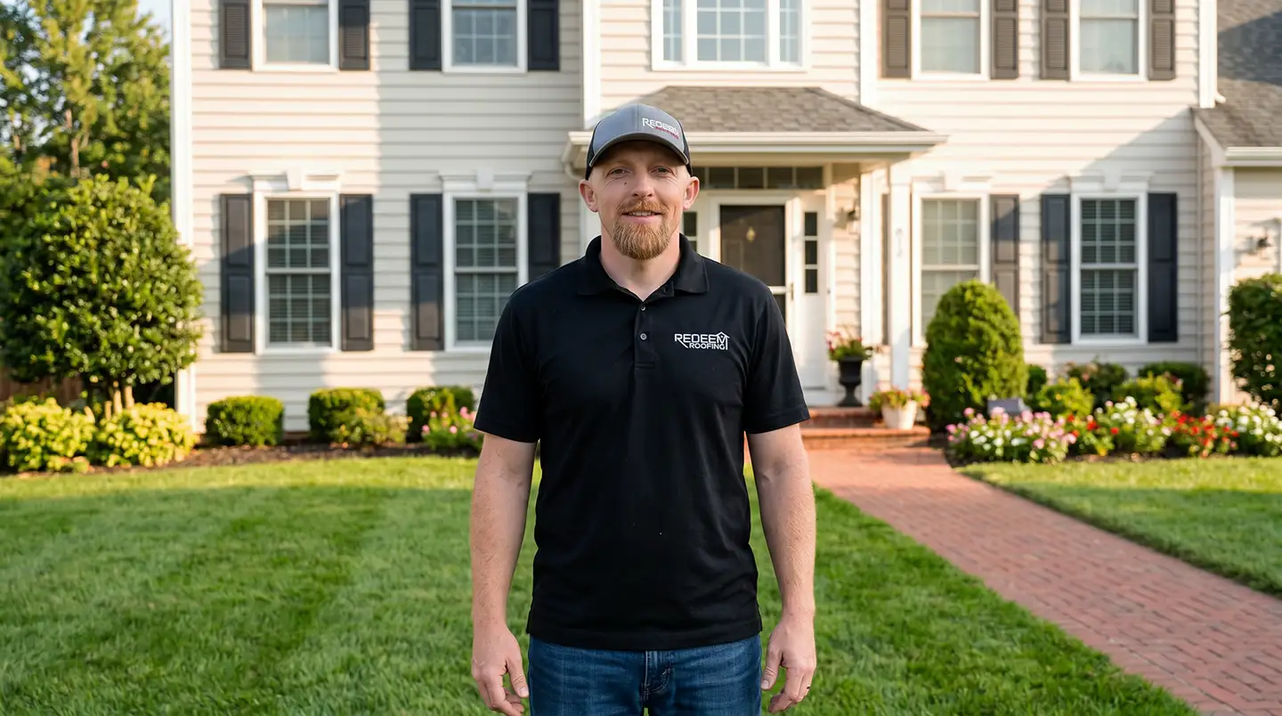 Travis Tatum, owner of Redeem Roofing & Construction, in front of a Triad home
